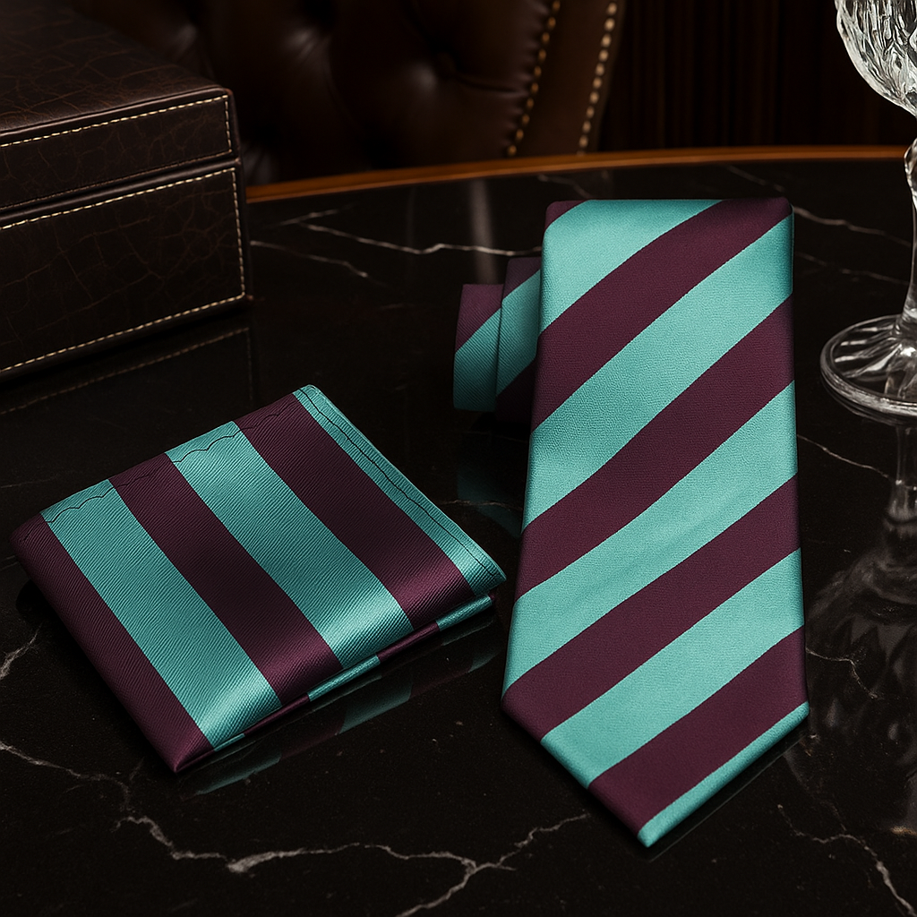 Green and Brown striped tie and pocket square on a dark surface with a glass and leather item in the background.