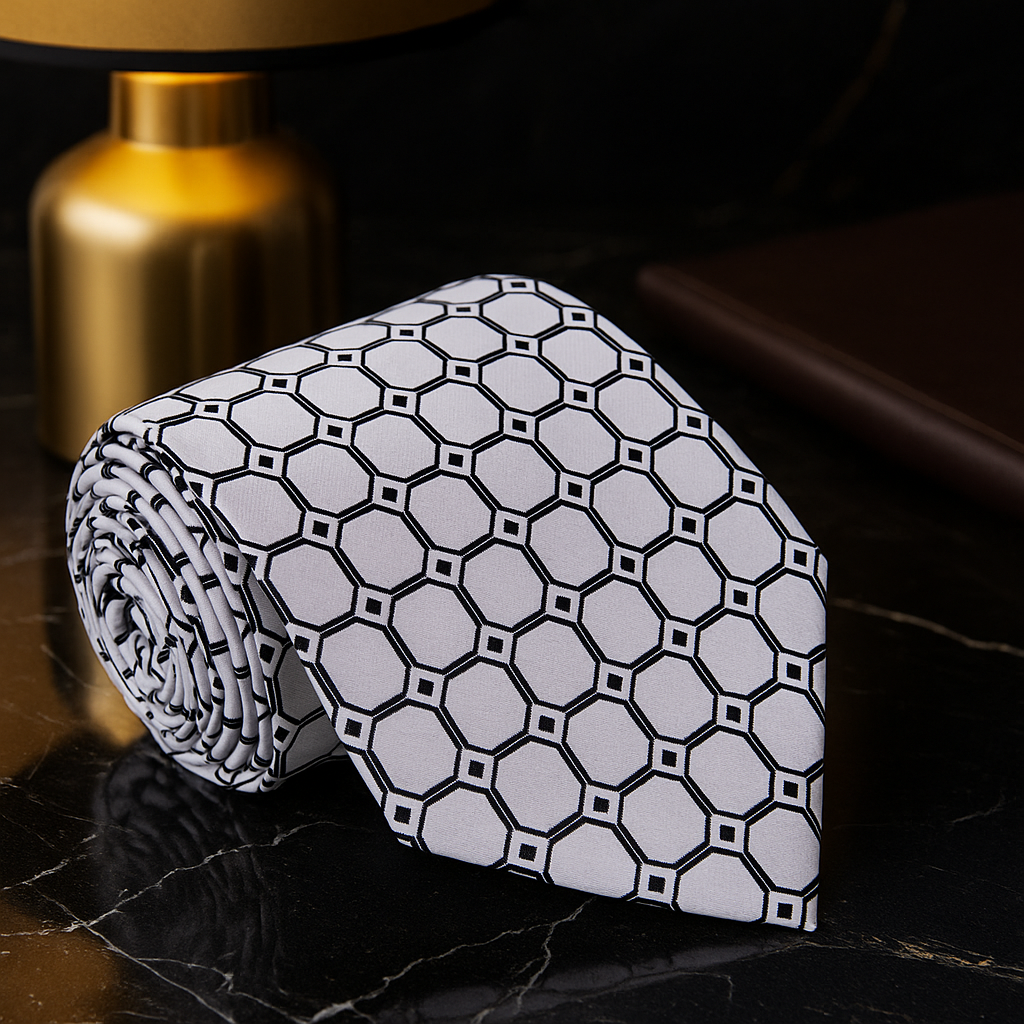 patterned light grey and black geometric tie and