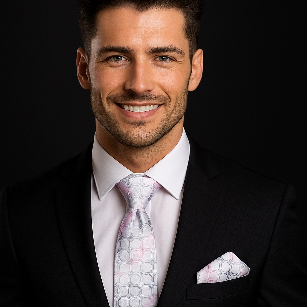 Man wearing a black suit with a white shirt, silver and pink geometric patterned tie, and pocket square on a dark background