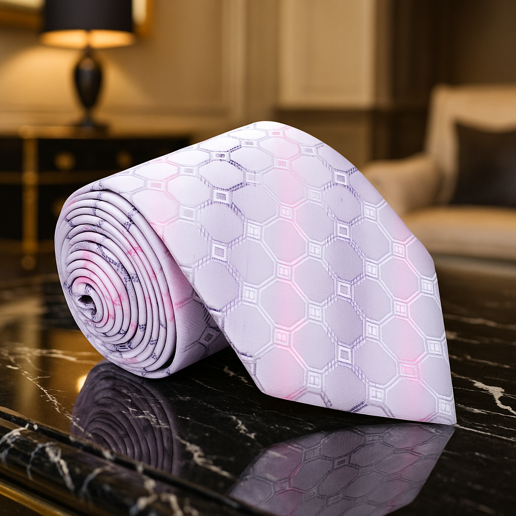 Rolled-up mat with silver and pink geometric pattern on a reflective surface