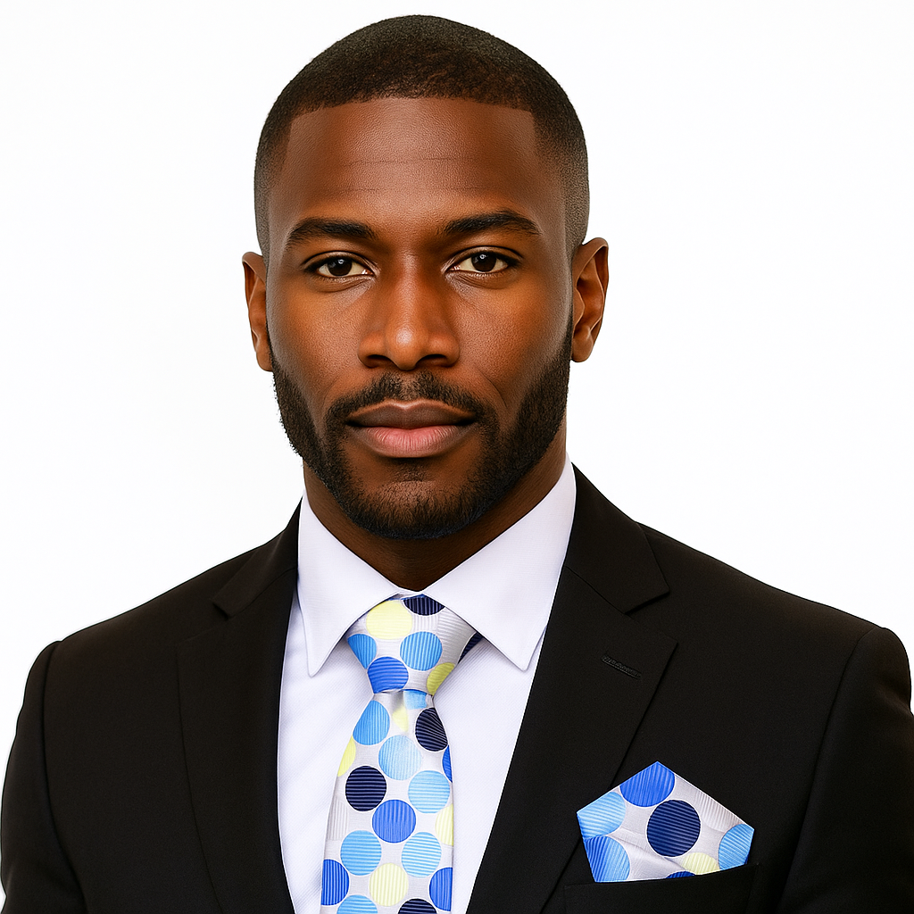 Man wearing a black suit with a colorful white and blue polka tie and pocket square on a white background