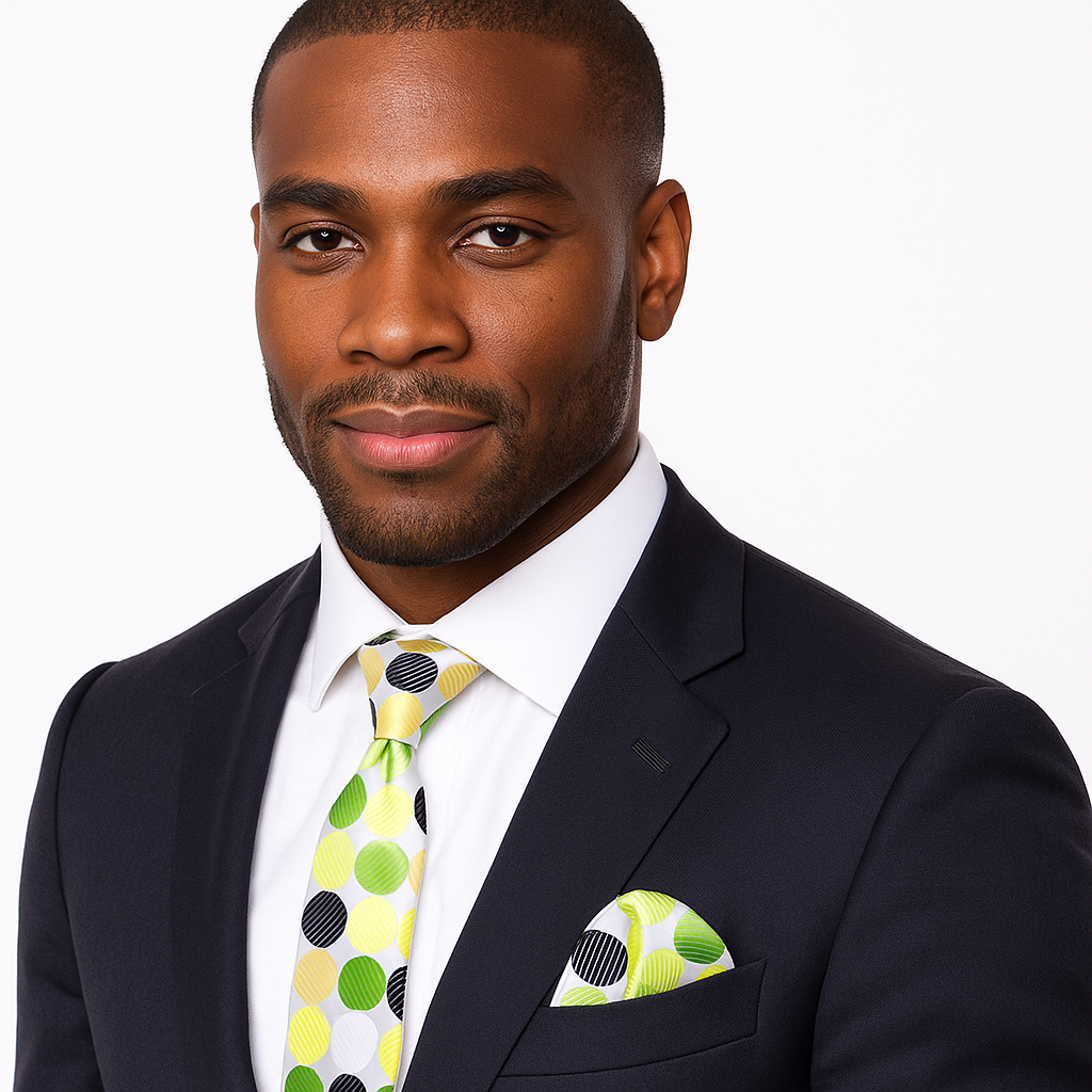 Man wearing a dark suit with a colorful white, green and yellow polka tie and pocket square on a white background