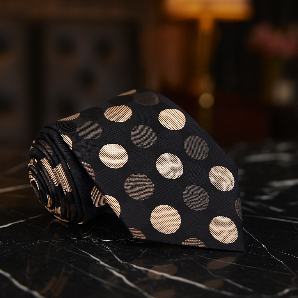 Black tie with beige polka dots on a dark surface