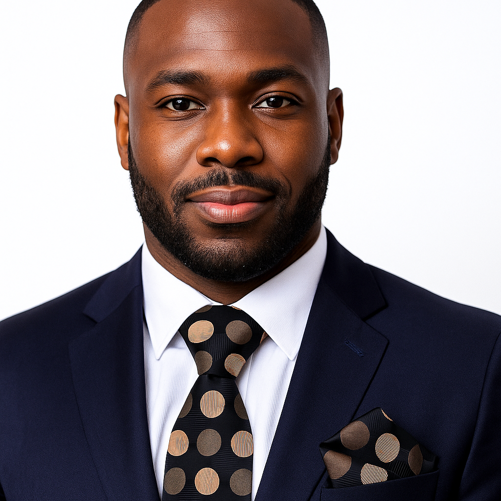 Man wearing a navy suit with a polka dot tie and pocket square on a white background