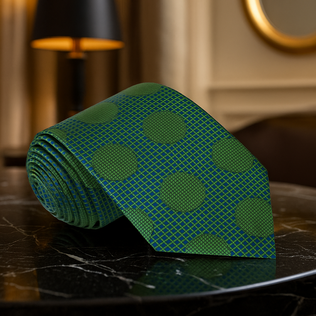 Green patterned polka tie on a dark surface with a blurred background