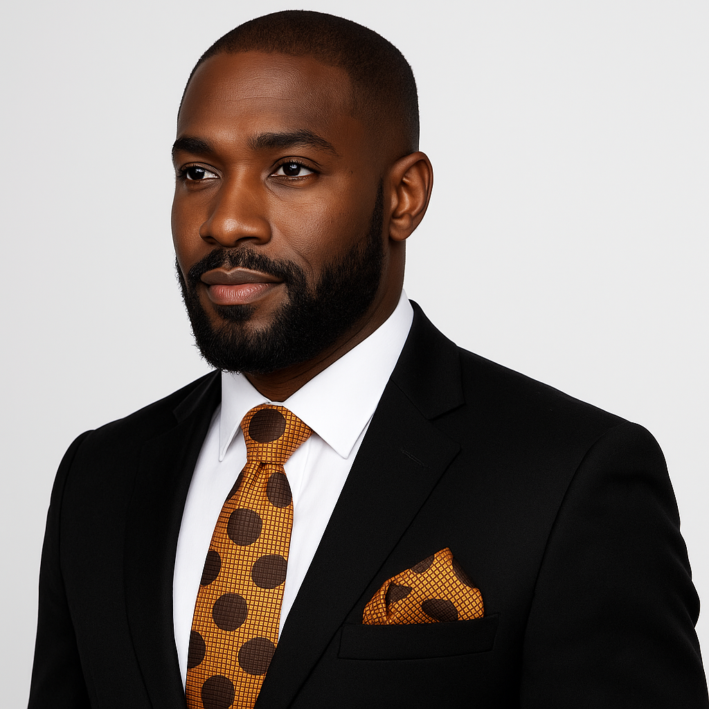 Man wearing a black suit with a copper and brown polka dot tie and pocket square on a light gray background