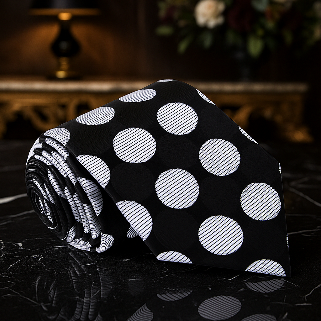 Black and silver polka tie with white polka dot pattern on a dark surface
