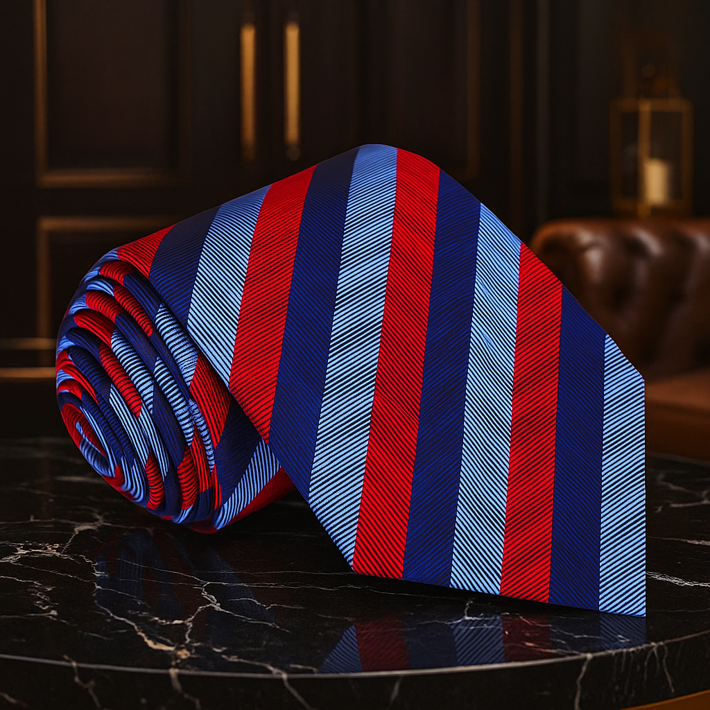 Folded red and blue striped tie on a dark surface with a blurred background