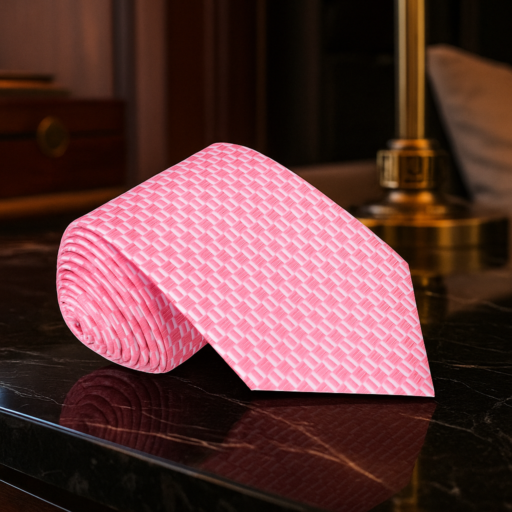 Pink patterned tie on a dark surface with a blurred background