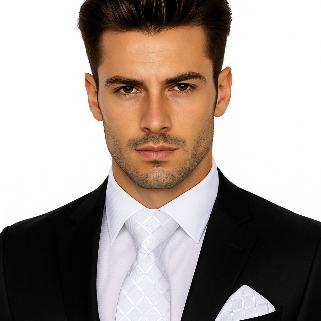 Man wearing a black suit with a white shirt and tie on a white background
