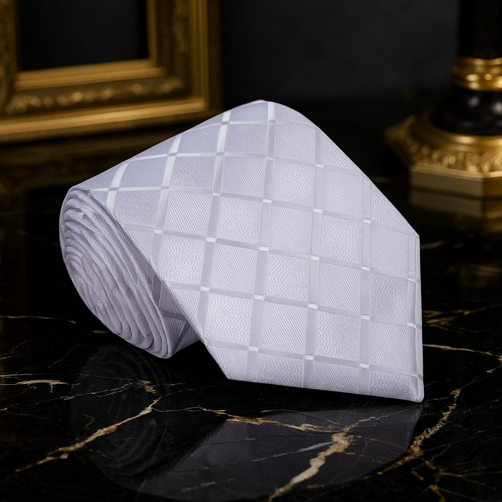 White checkered tie on a dark marble surface with a blurred background