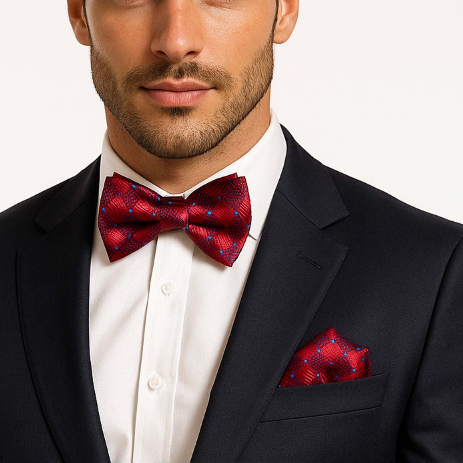Man wearing a black suit with a red and deep blue polka geometric bow tie and pocket square on a white background