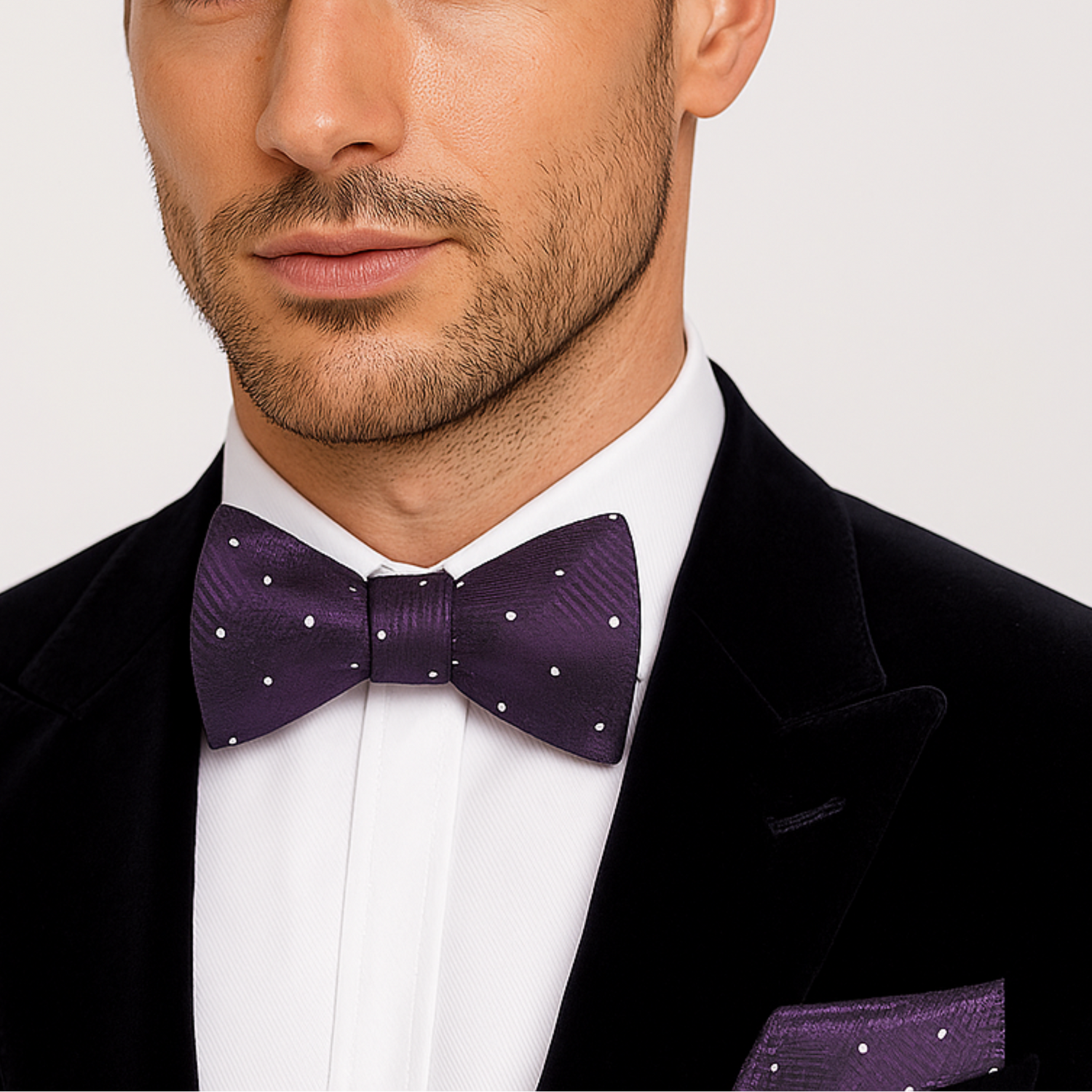 Man wearing a black suit with a white shirt and purple geometric and white polka bow tie on a light gray background