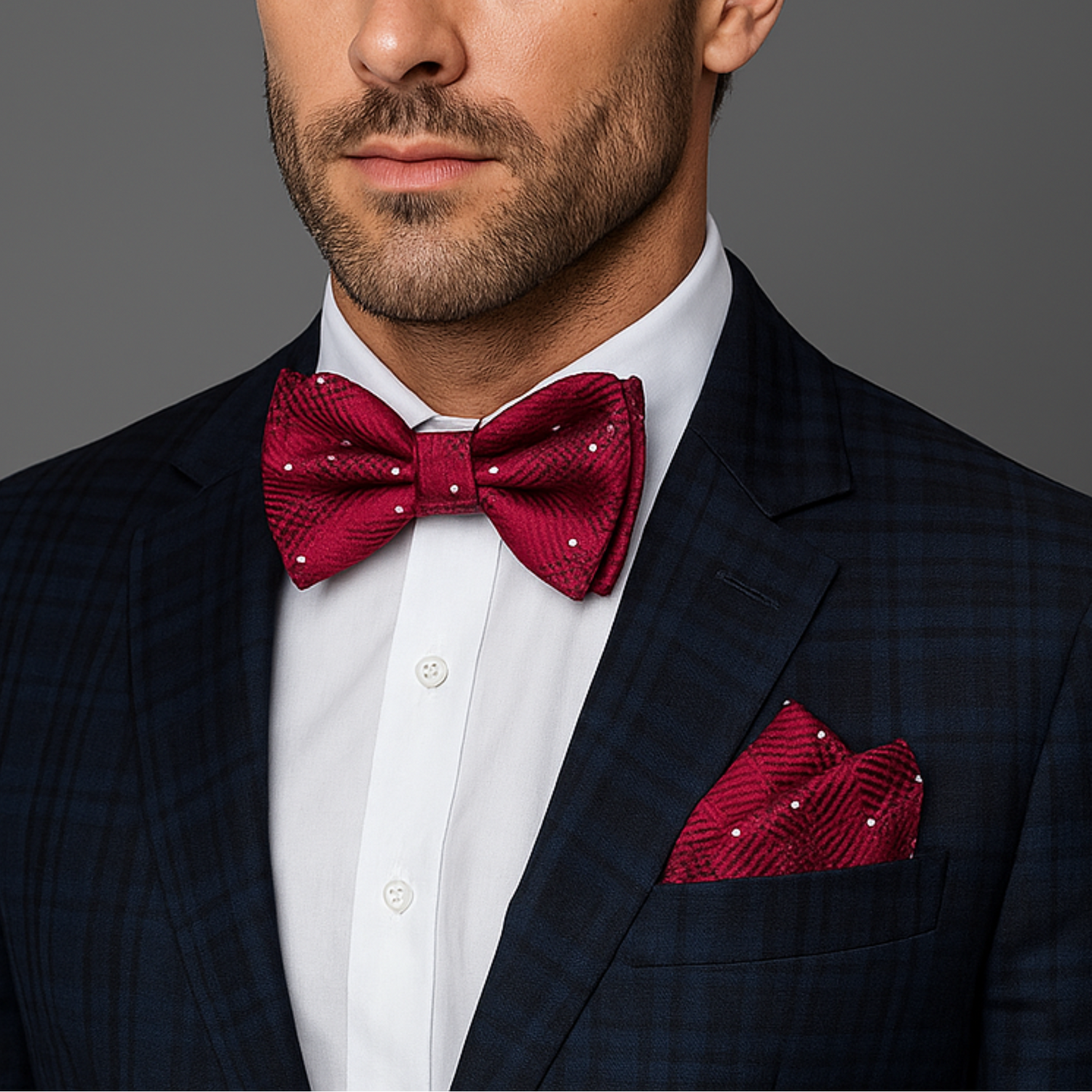 Man wearing a dark suit with a red and light grey polka geometric bow tie and pocket square on a gray background