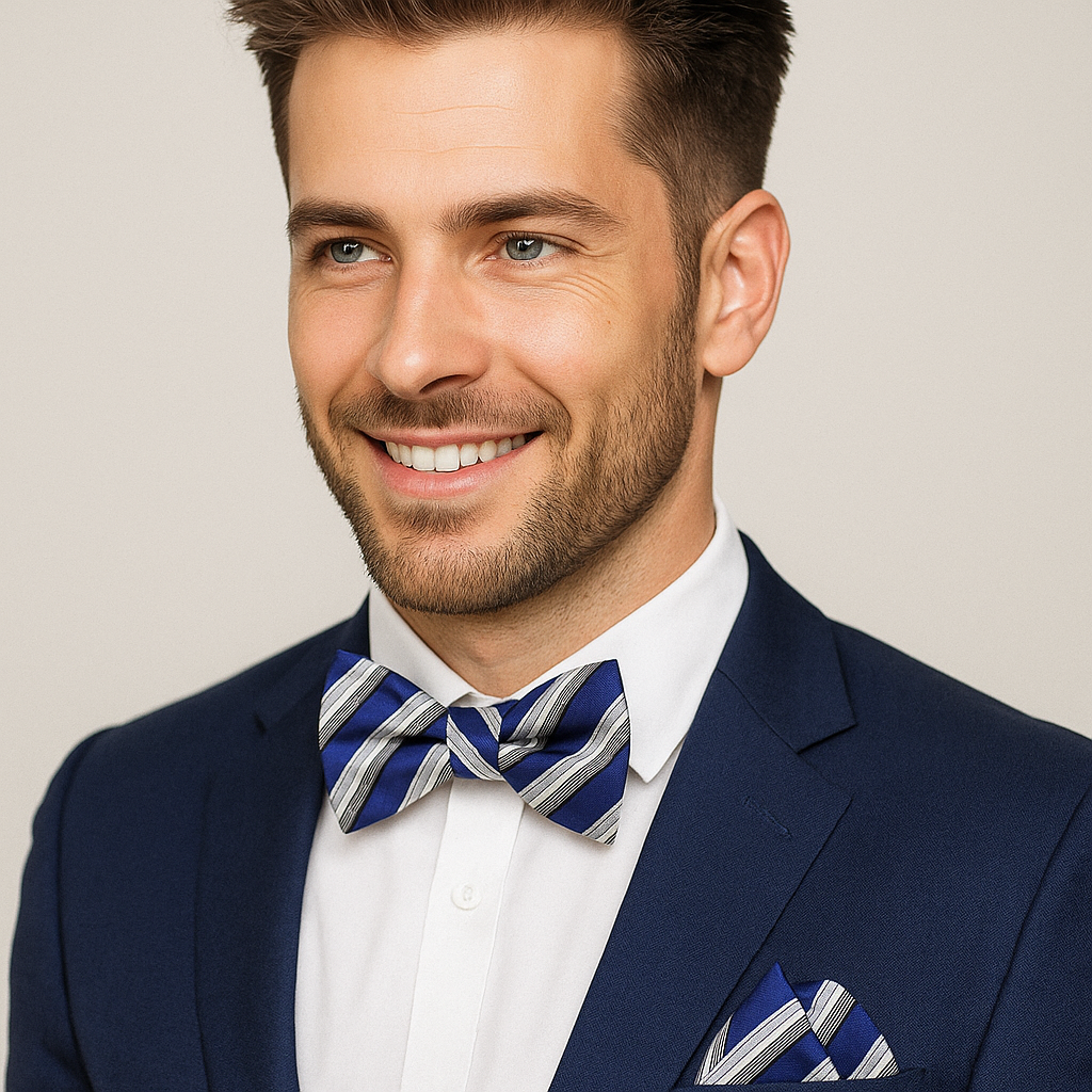 Man wearing a blue suit with a blue and grey striped bow tie and pocket square on a beige background