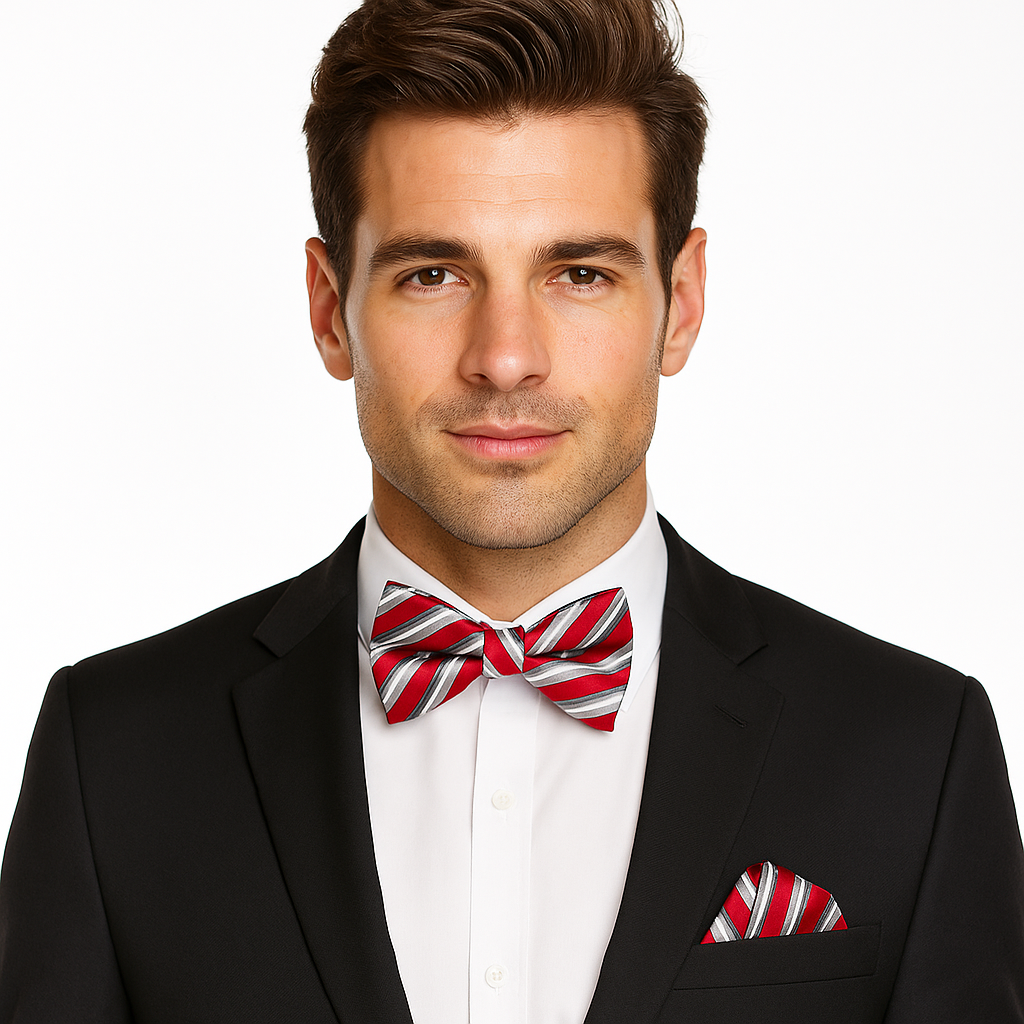 Man wearing a black suit with a red and white striped bow tie and pocket square on a white background