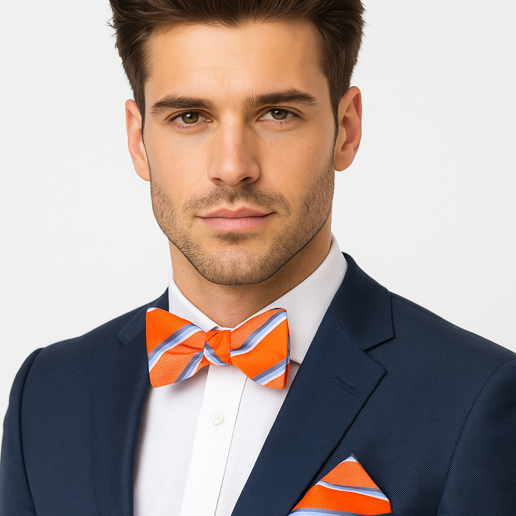 Man wearing a navy suit with an orange bow tie and matching pocket square on a light gray background