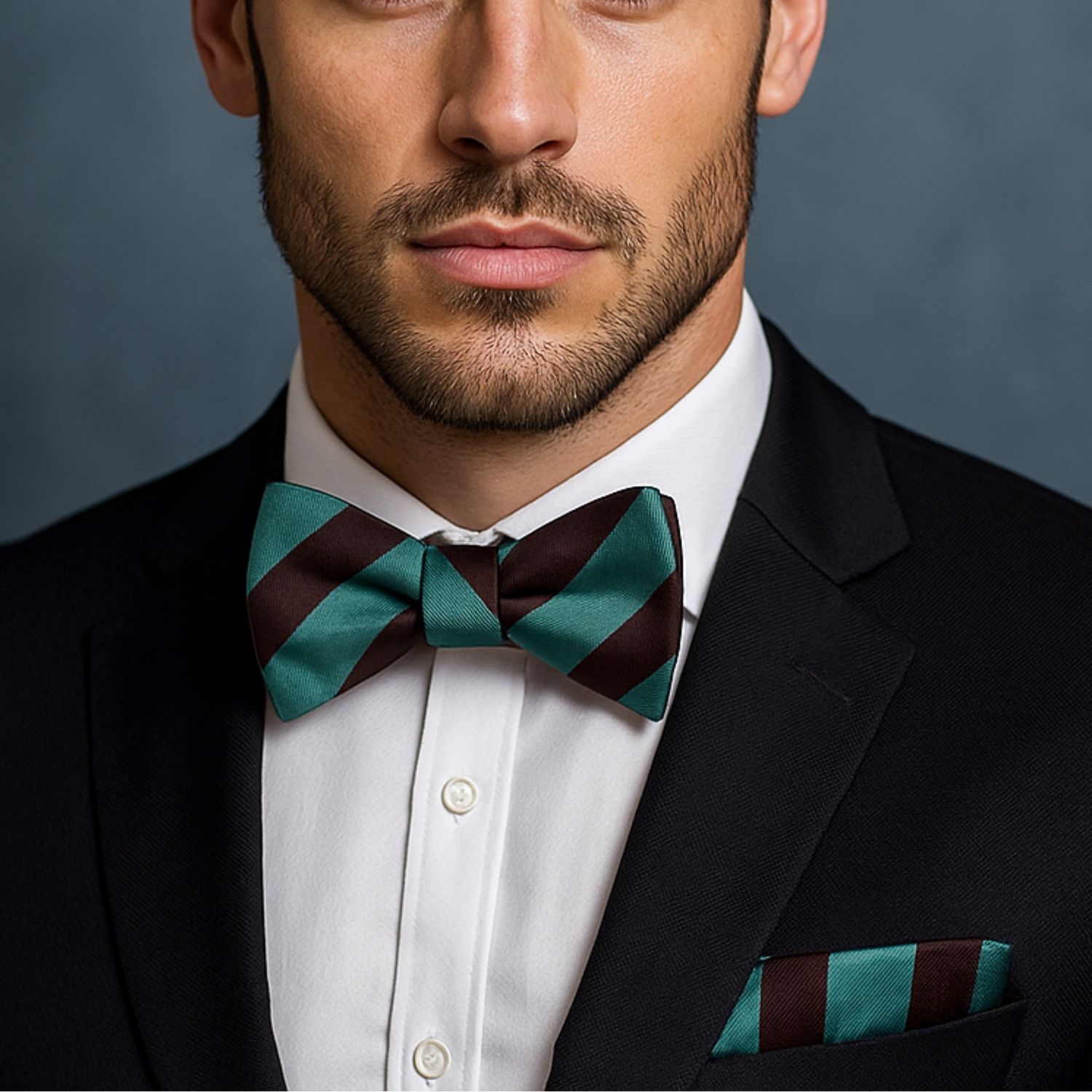 Man wearing a black suit with a green and brown striped bow tie and pocket square against a gray background