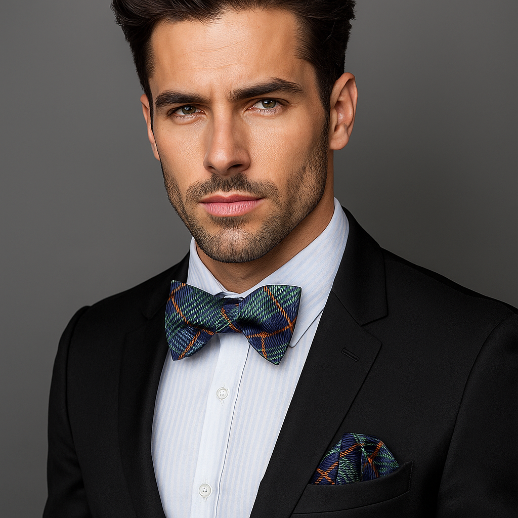 Man wearing a black suit with a green an blue plaid bow tie and pocket square on a gray background