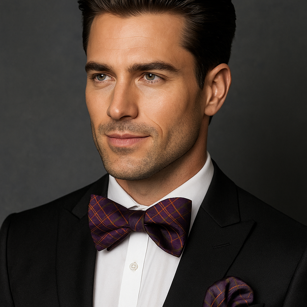 Plum Plaid Bow Tie and Square on man Wearing Black Suit