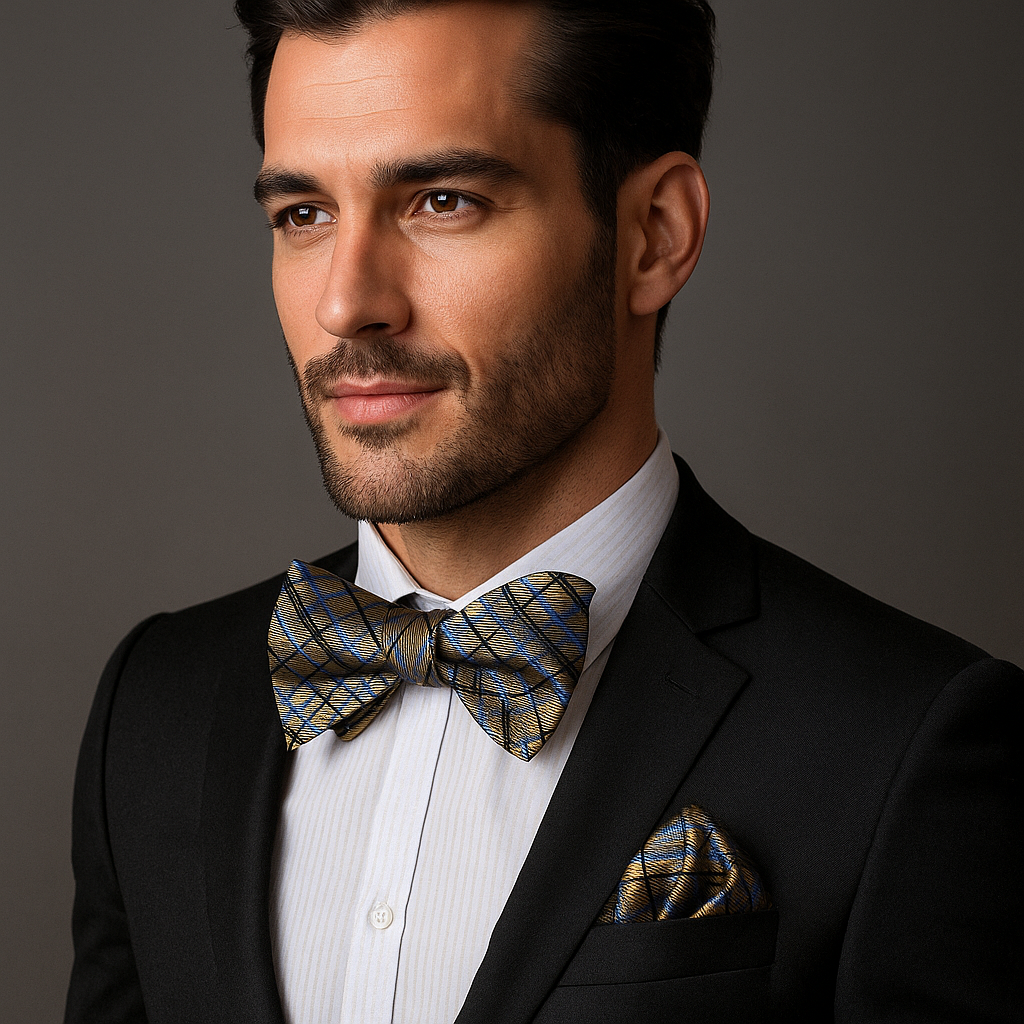 Man wearing a black suit with a light yellow blue and black plaid bow tie and pocket square on a gray background