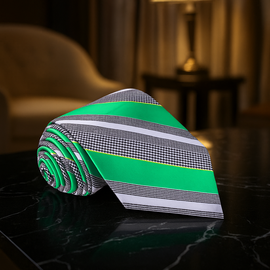 Green, White & Black Striped Necktie with Houndstooth Pattern