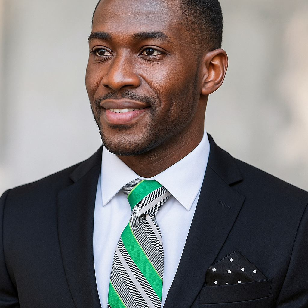 Man wearing black suit with green striped tie and black and white dot polka square