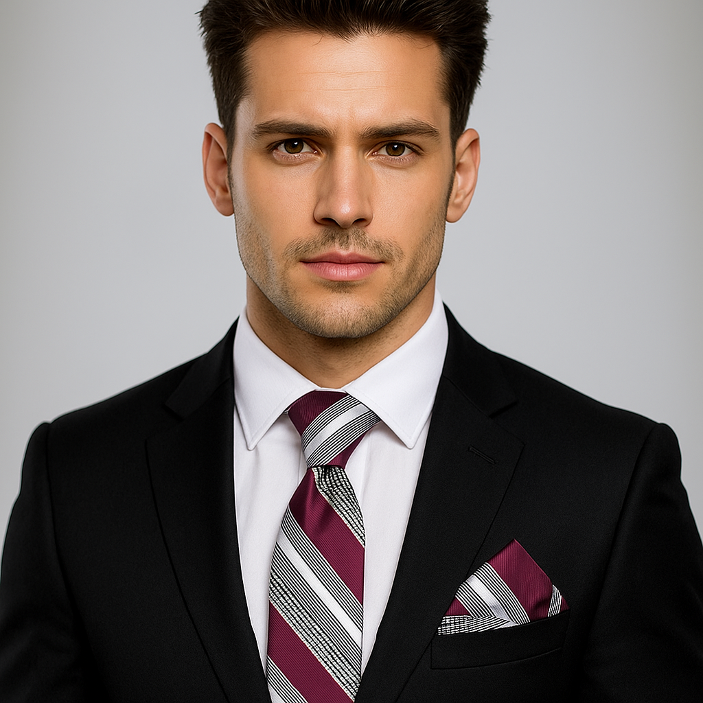 Man wearing a black suit with a striped plum, white and black tie and pocket square on a gray background
