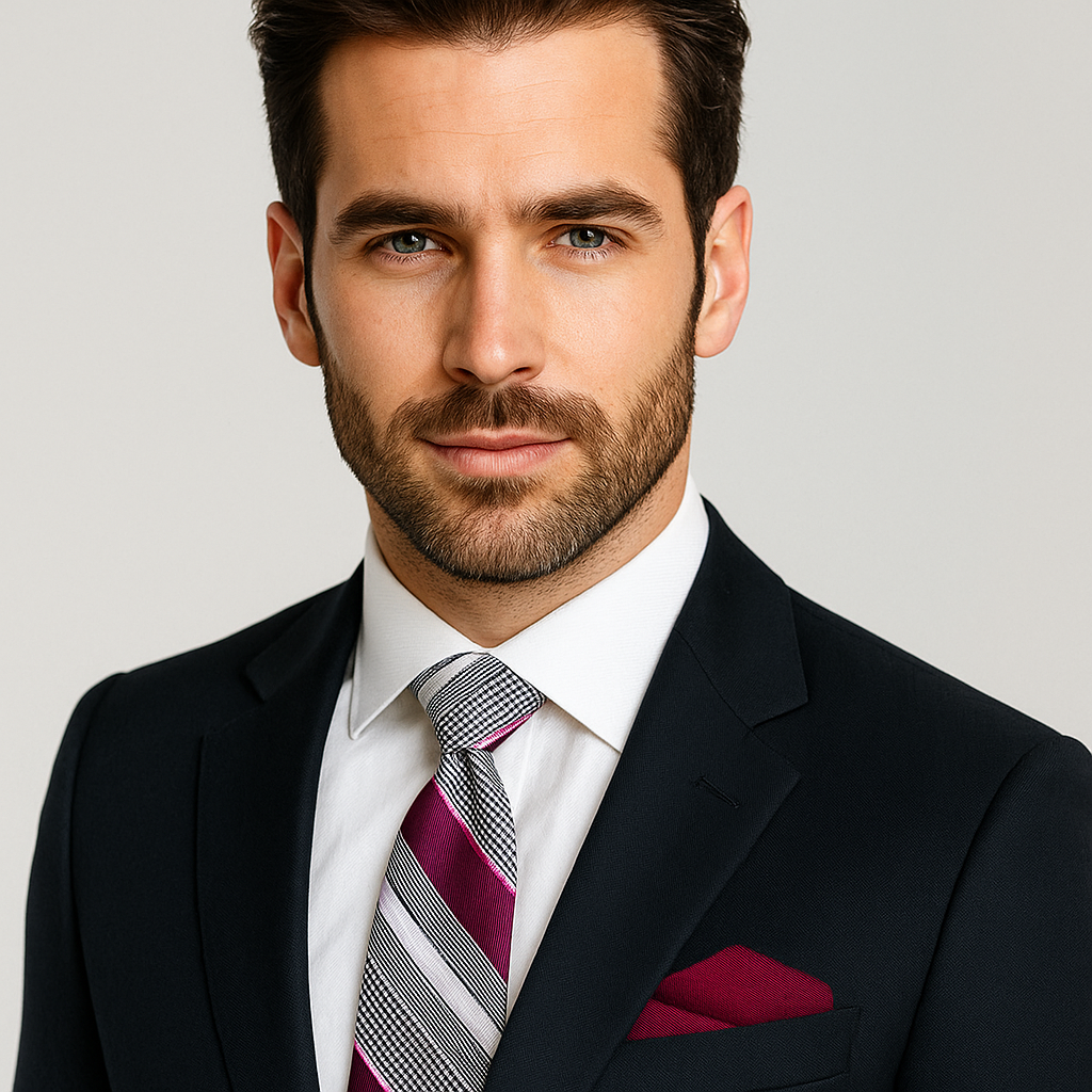 Man wearing a black suit with a striped plum and white stripe tie and red pocket square on a gray background