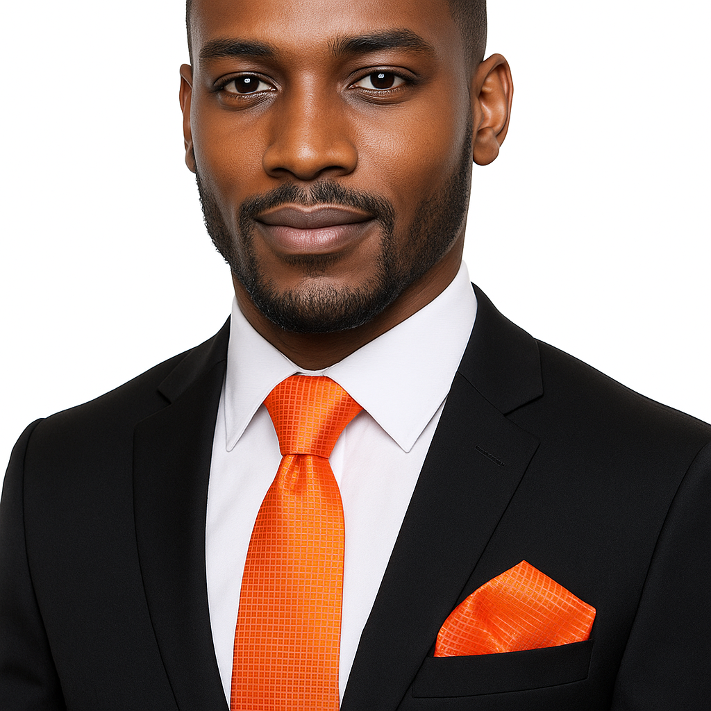 Man wearing a black suit with an orange tie and pocket square on a white background