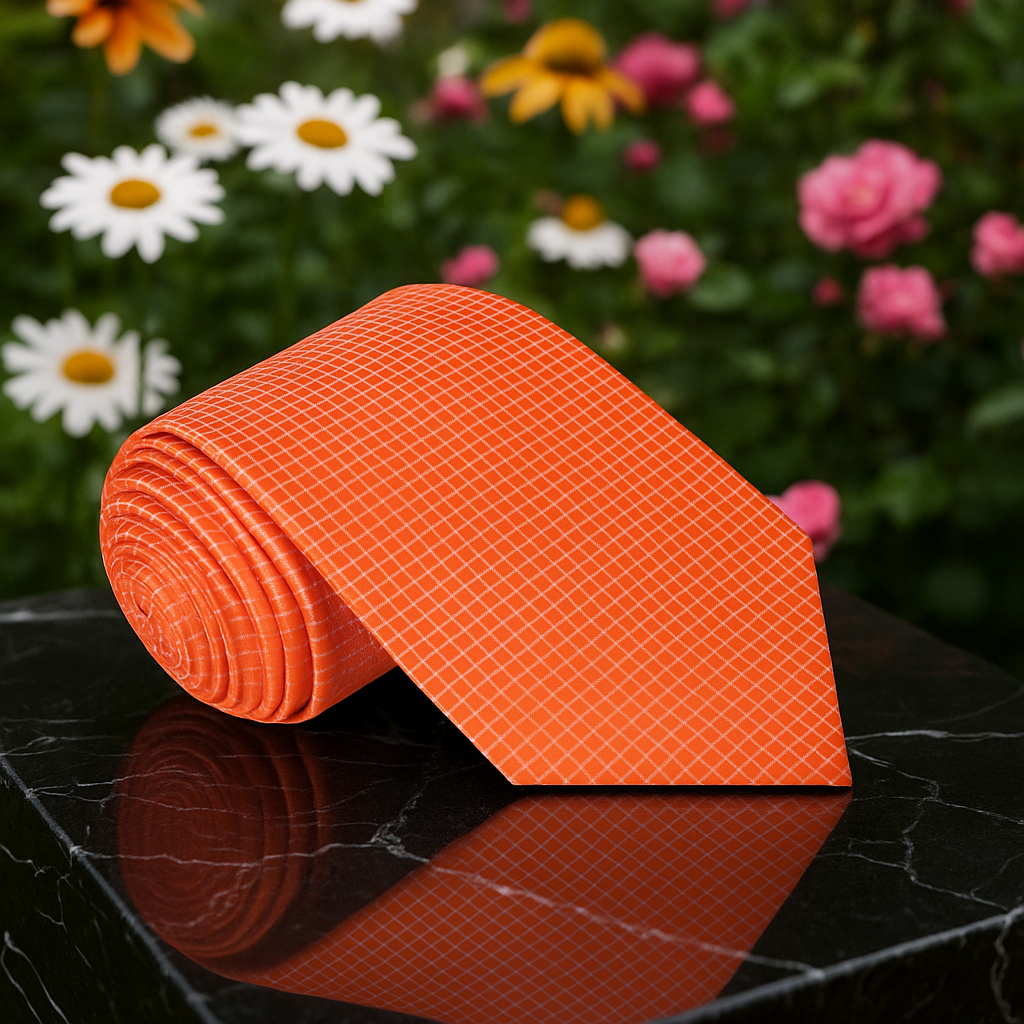 Orange tie with a geometric pattern on a reflective surface with flowers in the background