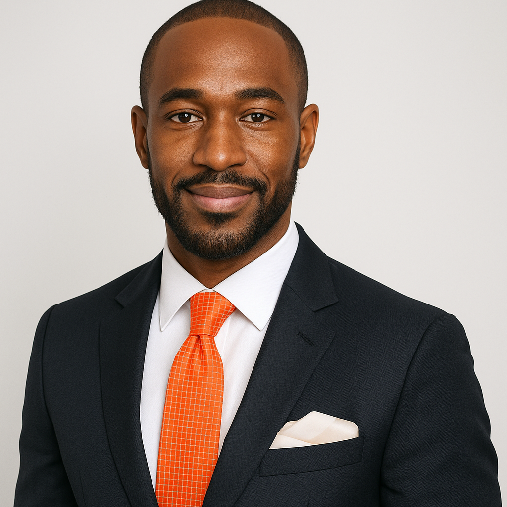 Man wearing a black suit with an orange tie and accenting pearl square on a light gray background