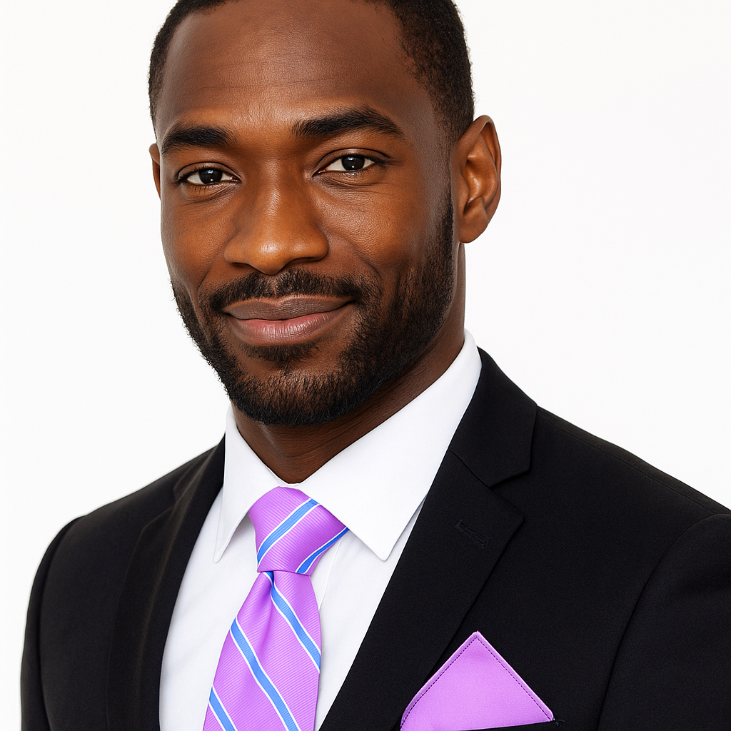 Man wearing a black suit with a purple and light blue stripe tie and pocket square on a white background