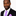 Man wearing a black suit with a purple and light blue stripe tie and pocket square on a white background