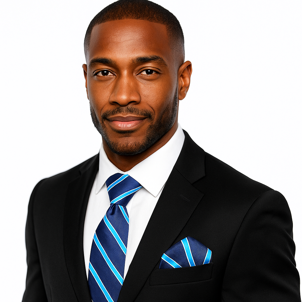 Man wearing a black suit with a blue striped tie and pocket square on a white background