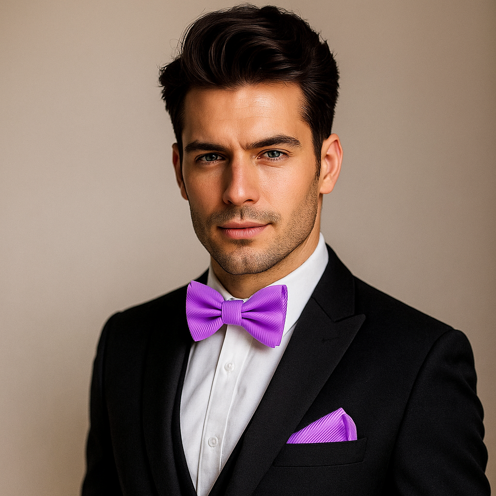 Man wearing a black suit with a purple bow tie and pocket square against a beige background
