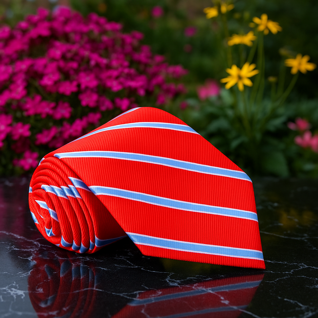 Red with blue striped tie on a reflective surface with flowers in the background