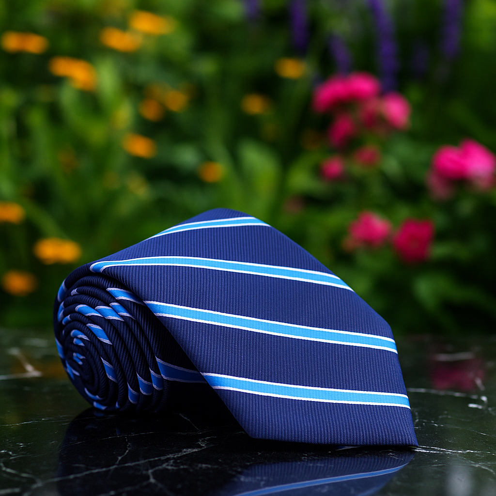 Blue striped tie on a reflective surface with a blurred floral background