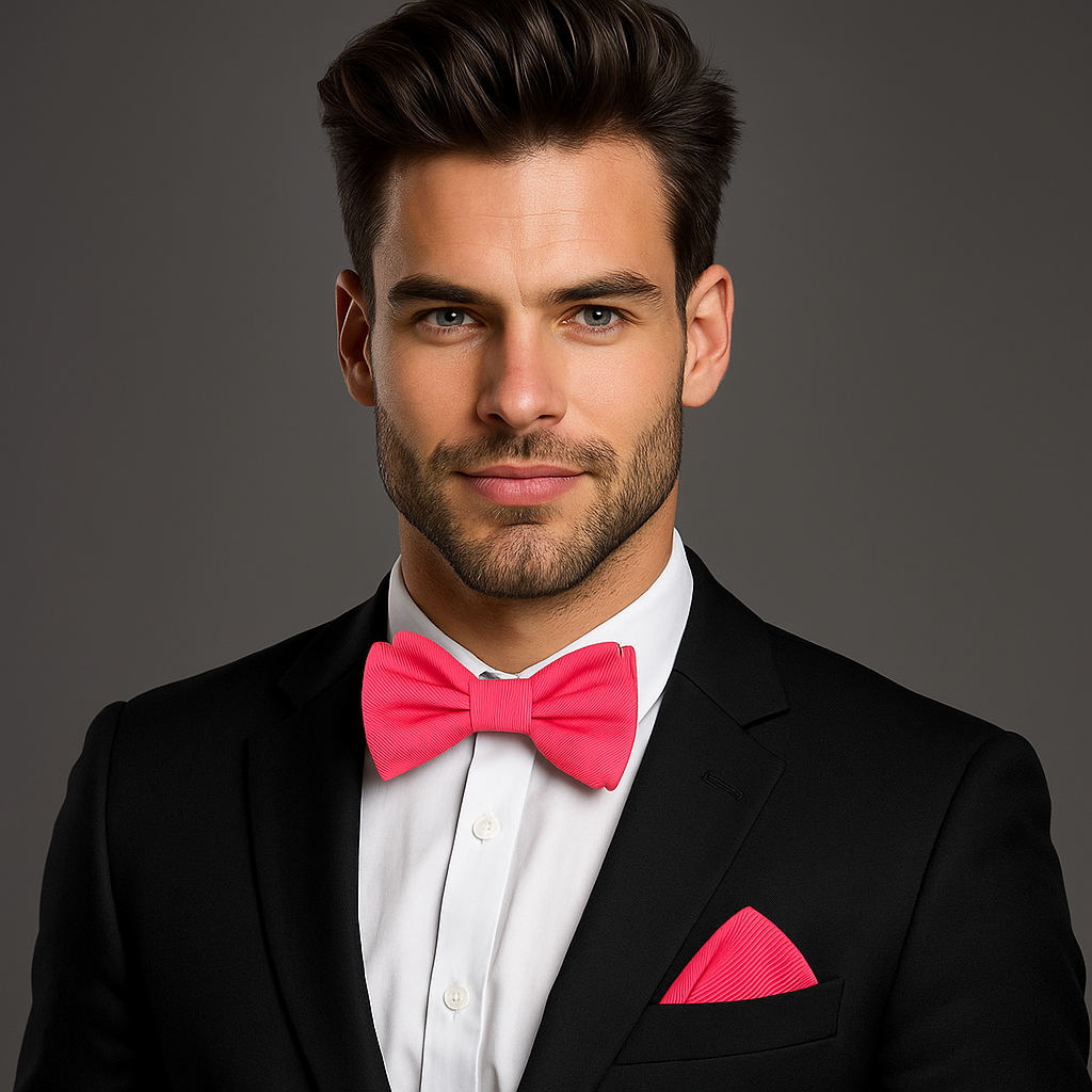 Man wearing a black suit with a pink bow tie and pocket square on a gray background