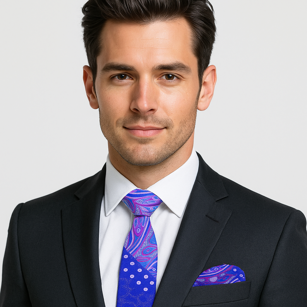 Man wearing a black suit with a white shirt and a blue paisley tie on a light gray background