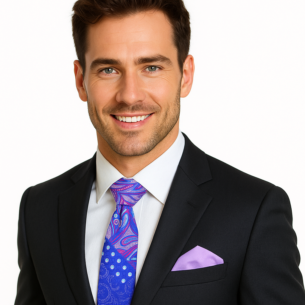 Man wearing a black suit with a blue tie and purple pocket square on a white background