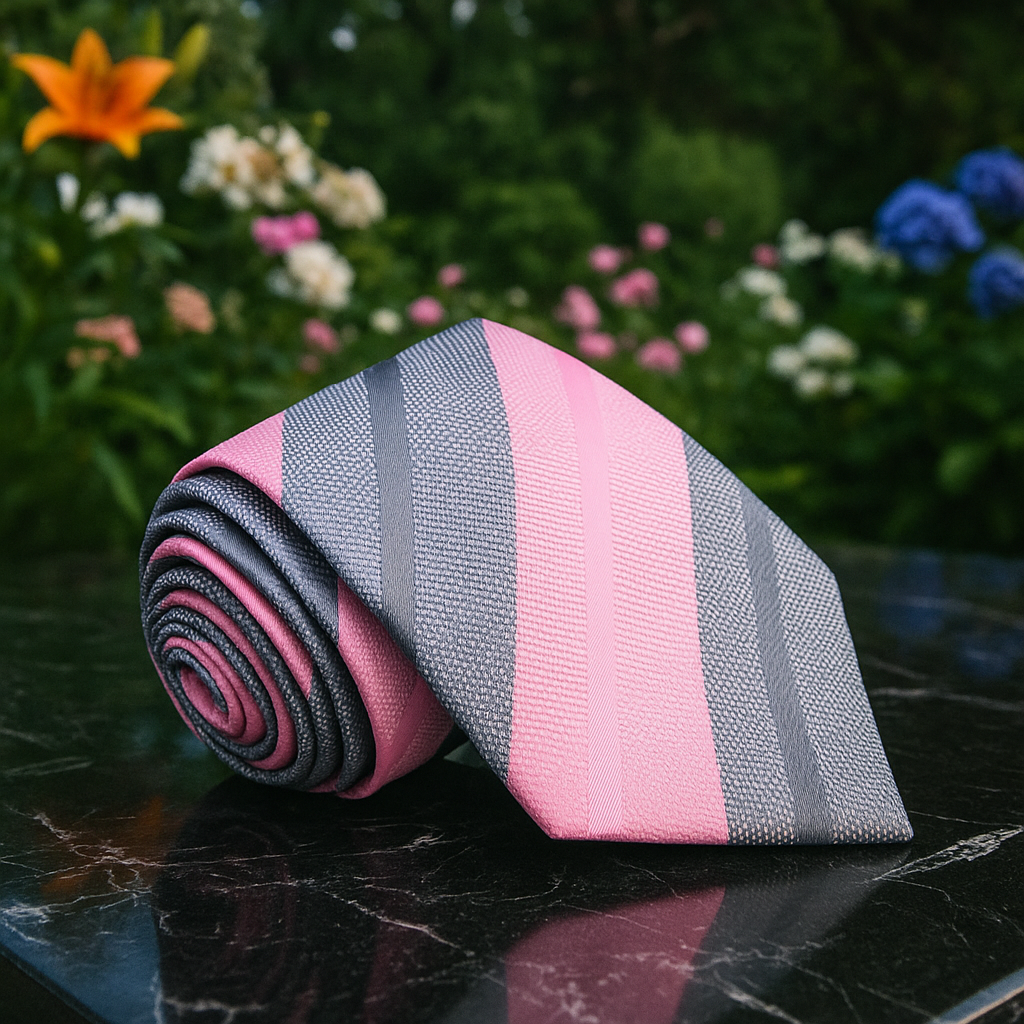 Pink and gray striped tie on a reflective surface with flowers in the background