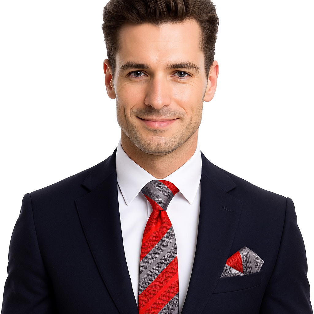 Man wearing a dark suit with a red and gray striped tie on a white background