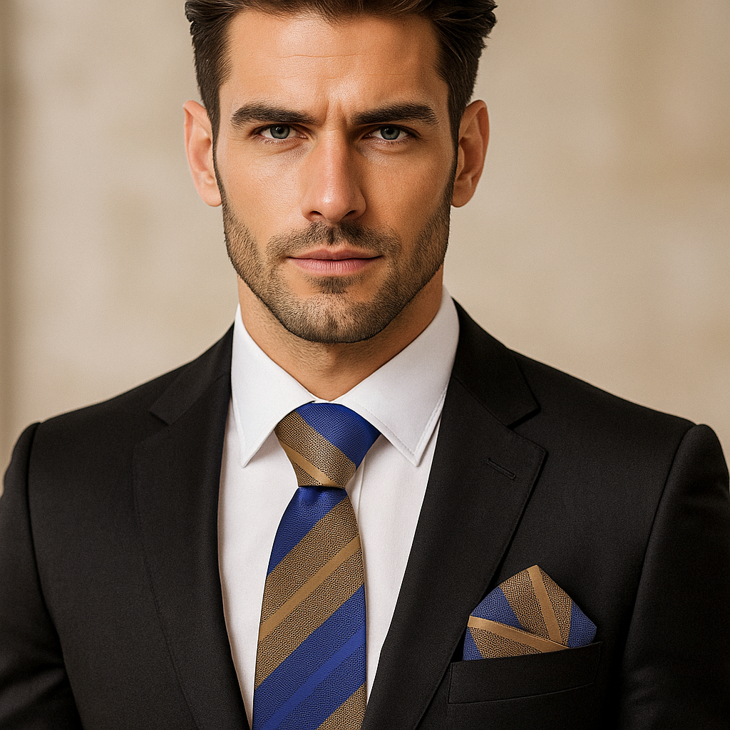 Man wearing a black suit with a blue and brown striped tie and pocket square against a beige background