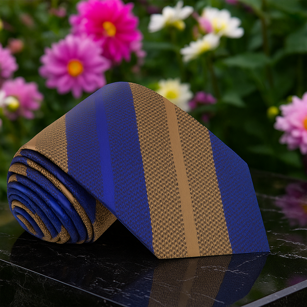 Blue and brown striped tie on a dark surface with flowers in the background