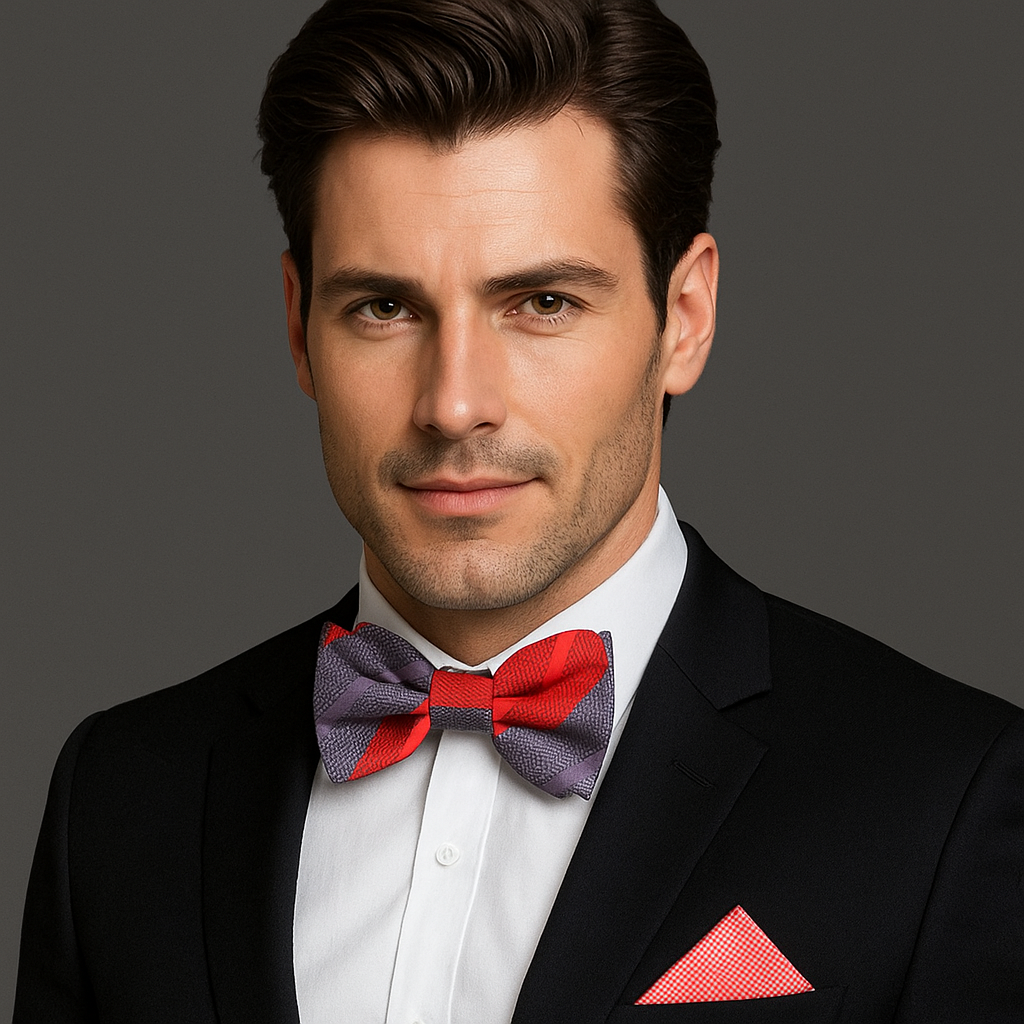 Man wearing a black suit with a red and grey stripe bow tie and accenting red square on a gray background