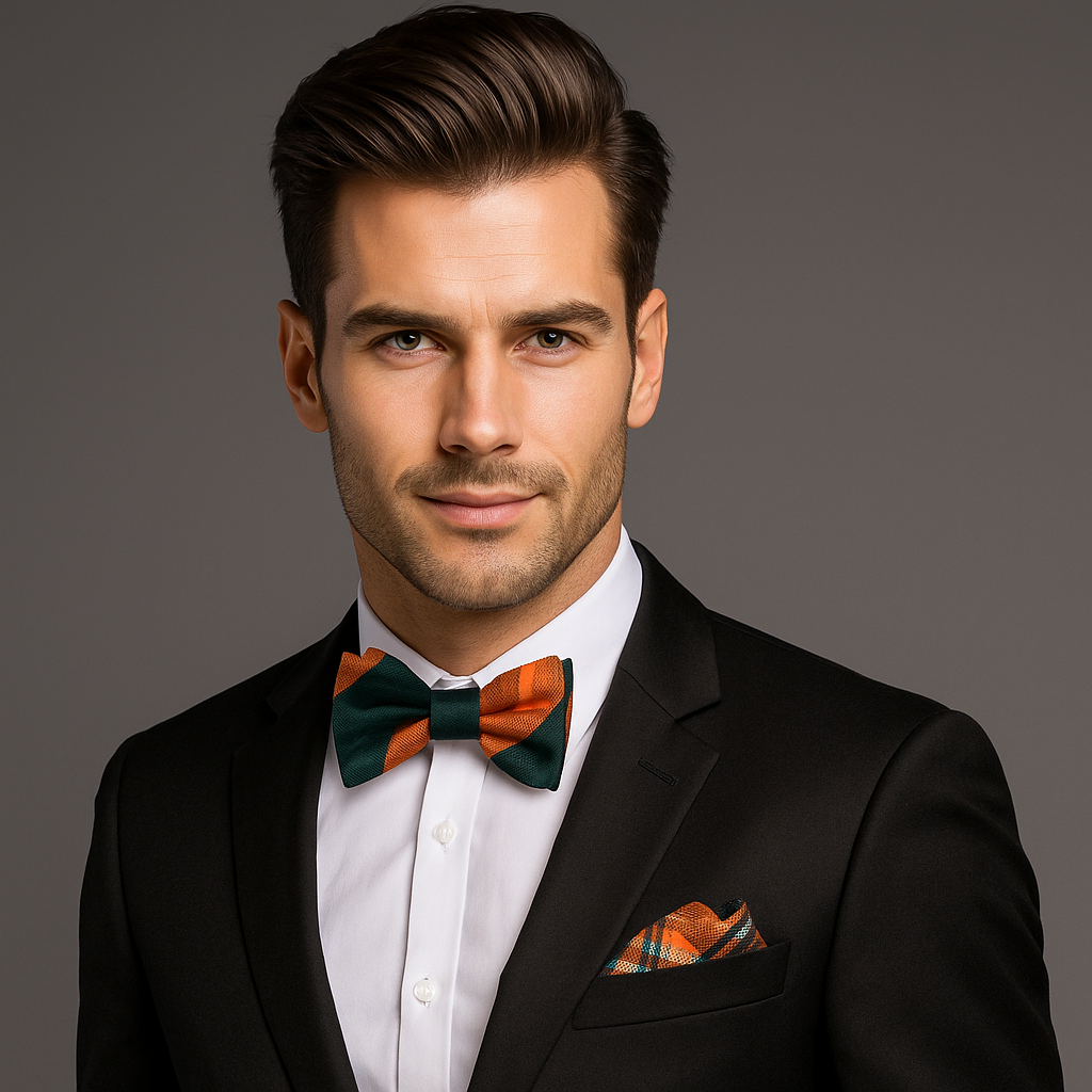 Man wearing a black suit with an orange and green stripe bow tie and accenting orange and green plaid pocket square on a gray background