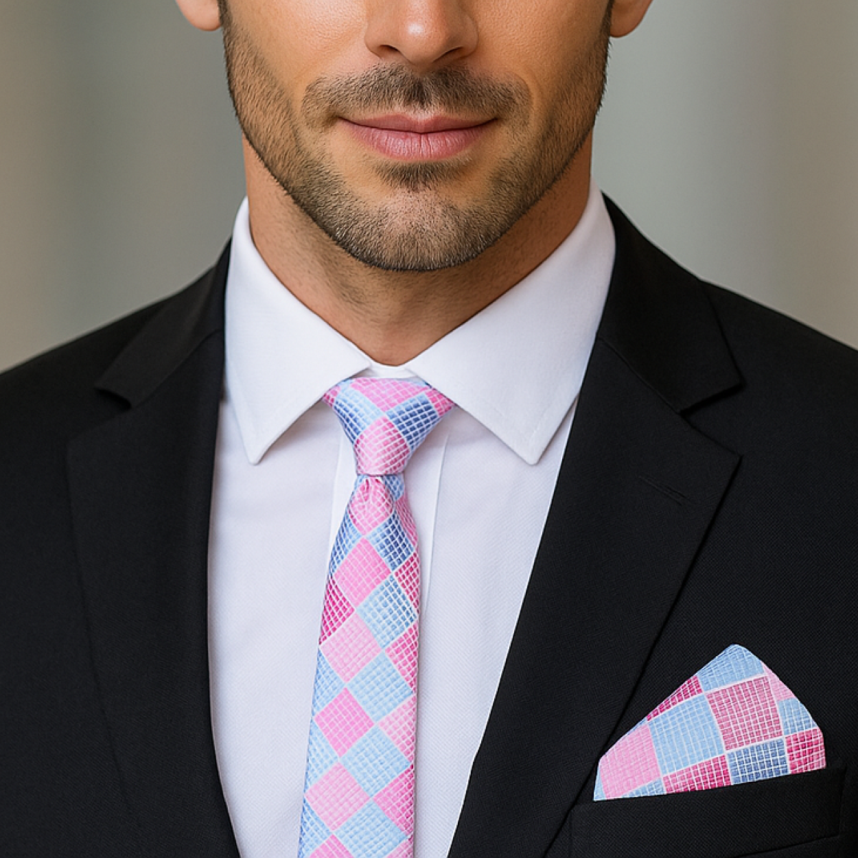 Man wearing a black suit with a pink and blue checkered thin tie and pocket square.