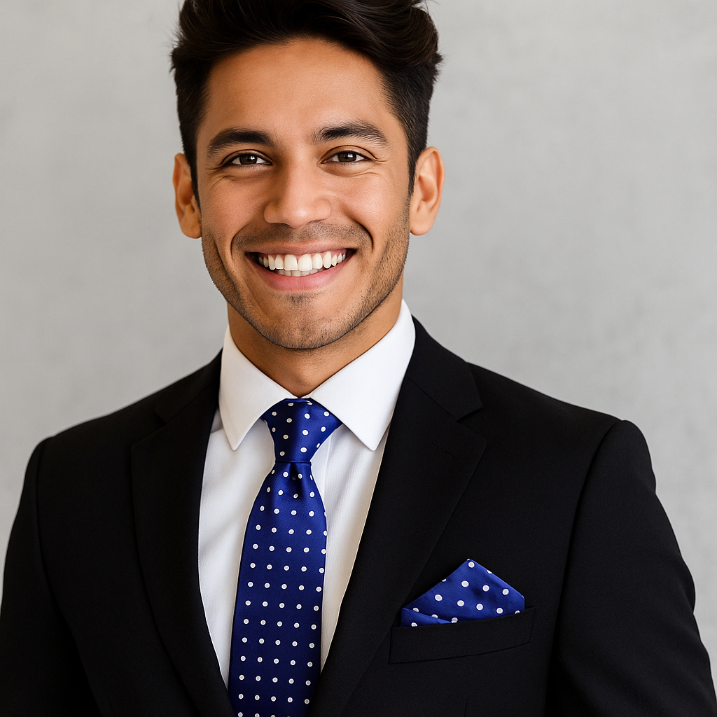 Man wearing a black suit with a blue with white polka dot tie and pocket square against a gray background