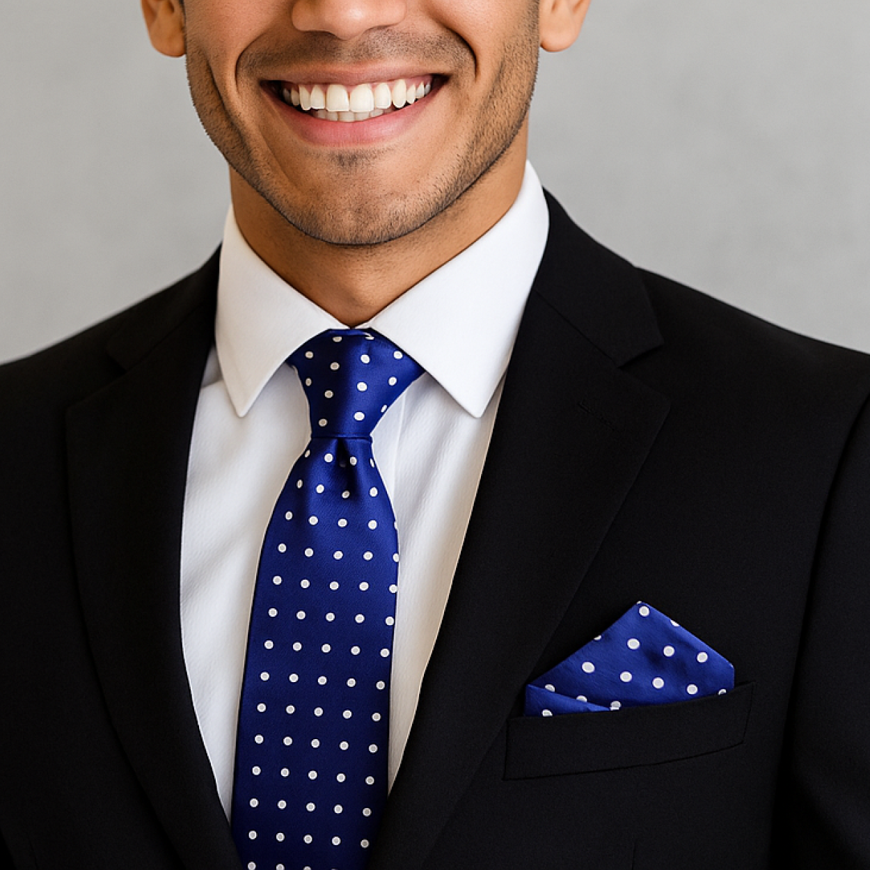 Man wearing a black suit with a white shirt, blue polka dot tie, and matching pocket square against a gray background.
